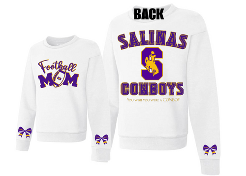 White sweatshirt with 'Football Mom' and 'Salinas Cowboys' text on a white background