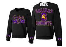 Load image into Gallery viewer, Black sweatshirt with &#39;Football Mom&#39; on the front and &#39;Salinas Cowboys&#39; on the back.
