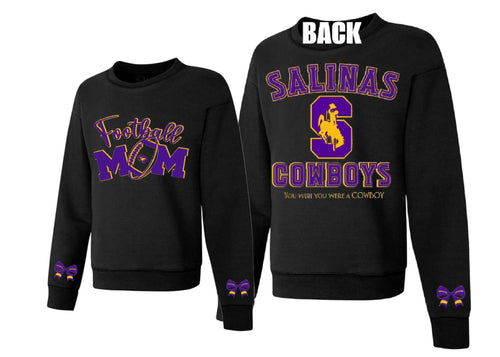 Black sweatshirt with 'Football Mom' on the front and 'Salinas Cowboys' on the back.